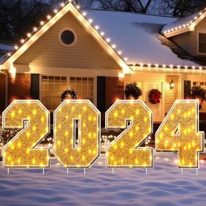 Christmas Happy New Year Decorations Outside Number 2024 Yard Signs with LED String Light