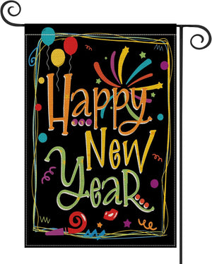 Happy New Year Garden Flag Vertical Double Sized, Balloon Firework Celebration