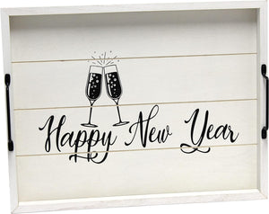 Champagne Toast Decorative Wood Serving Tray w/ Handles, 15.50" x 12", Light Gray Happy New Year