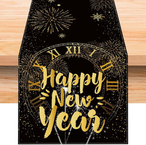 Linen Black and Gold Happy New Year Table Runner 72 Inches Long