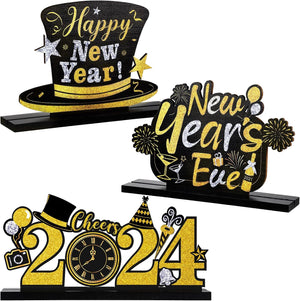 3 Pieces Happy New Year Table Decorations 2024 Wooden Table Centerpieces Ornaments Sign