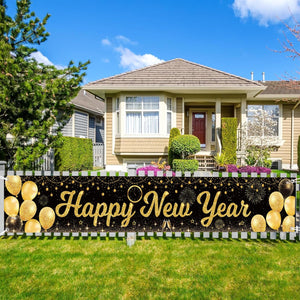 Black and Gold Happy New Year Banner Yard Sign Fireworks Stars Balloons