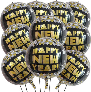 22 Inch Happy New Year Mylar Balloons, 10 Pcs Large 4D Giant Round Foil Balloon Metallic Balloons