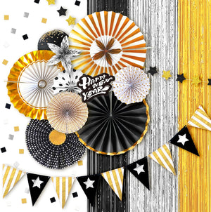 White Gold Party Decor with Paper Fans, Hanging Tinsel Fringe Curtain, Happy New Year Sticker