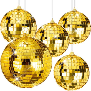 5 Pieces Disco Ball Mirror Ball Disco Party Decorations with Hanging Ring (Gold,8 Inch, 4 Inch)