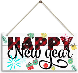 Happy New Year, Winter Seasonal Christmas Wall Art Hanging Wooden Sign