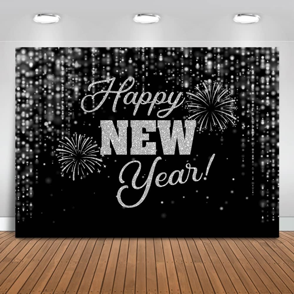 Happy New Year Backdrop Cheers to The New Year Black Silver Glitter Background