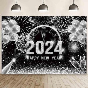 7x5ft Black and Silver 2024 Happy New Year Backdrop