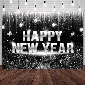 7x5ft Happy New Year Backdrop Black Silver Glitter Bokeh Fireworks Photography Background