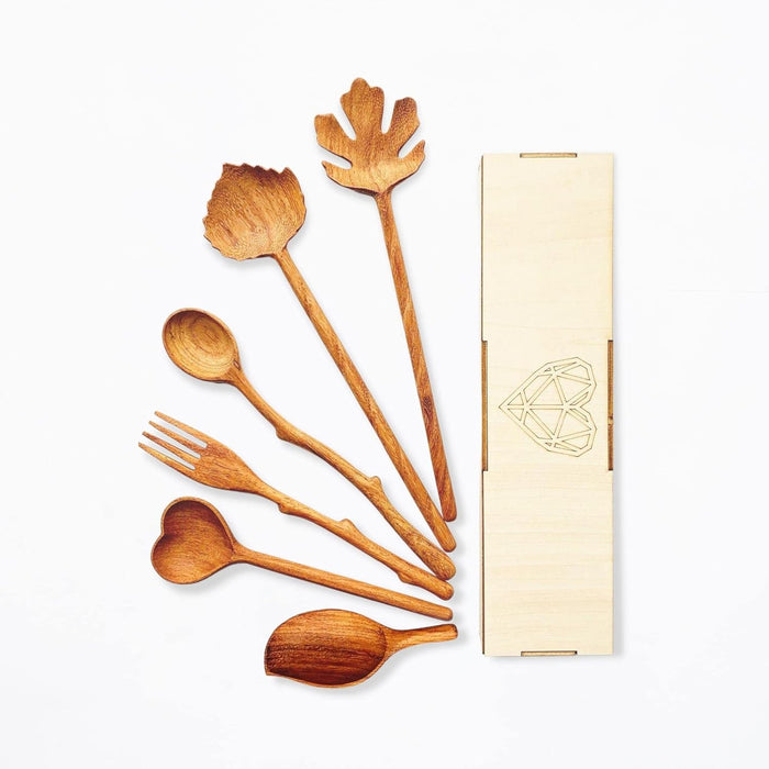 Natural Wooden Spoons and Forks Set (Set of 6), Salad Tongs for Serving