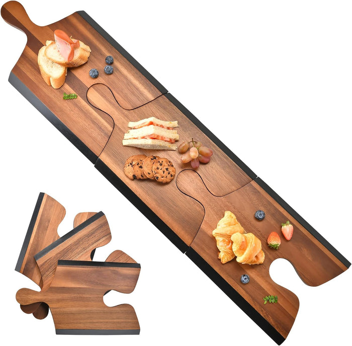 Acacia Wood Cheese Board Set with Puzzle Handles, Set of 3, Natural Wood Party Serving Platter