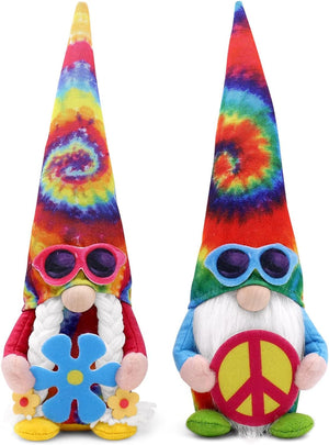 Hippie Gnomes Groovy Plush Gnome Decorations with Peace Sign Sunglasses Spring Summer Tie Dye