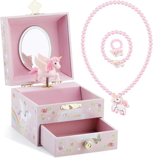 Kids Musical Jewelry Box for Girls with Drawer and Jewelry Set with Mysterious Unicorn