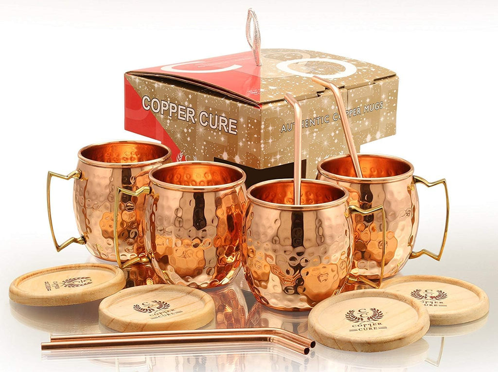 Pure Copper Hammered Mugs with Copper Straws & Wooden Coasters Set of 4