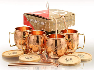 Pure Copper Hammered Mugs with Copper Straws & Wooden Coasters Set of 4