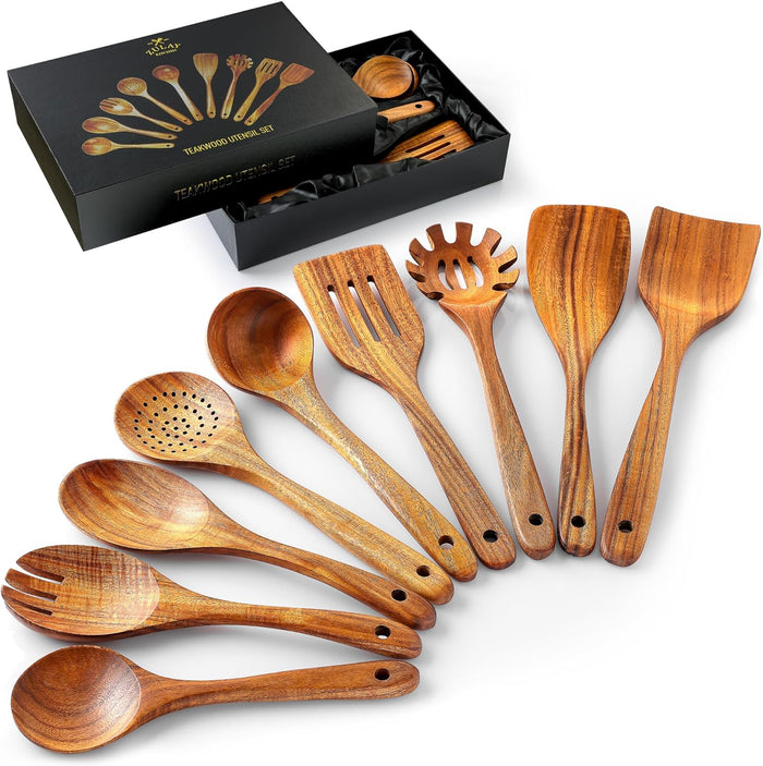 9-Piece Teak Wooden Utensils for Cooking - Natural Teak Utensil Set with Premium Gift Box