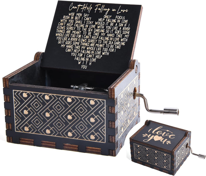 Can't Help Falling in Love Music Box, Small Size Wood Engraved Hand Crank Music Box