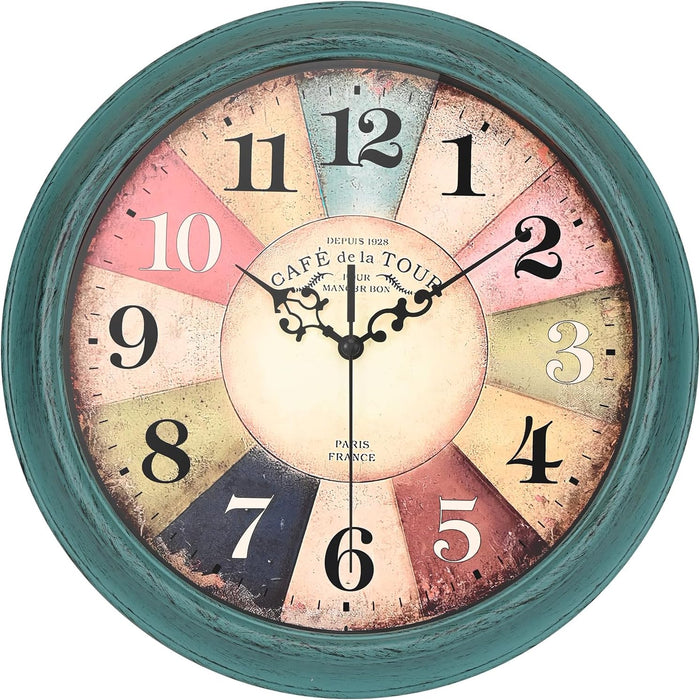 12-Inch Teal Retro Rustic Style Decor Wall Clock Battery Operated Silent Non-Ticking Clocks