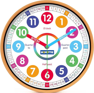 10 Inch Round Multi-Colored Learning Clock, Children's Silent Analog Non-Ticking Educational Wall Clock