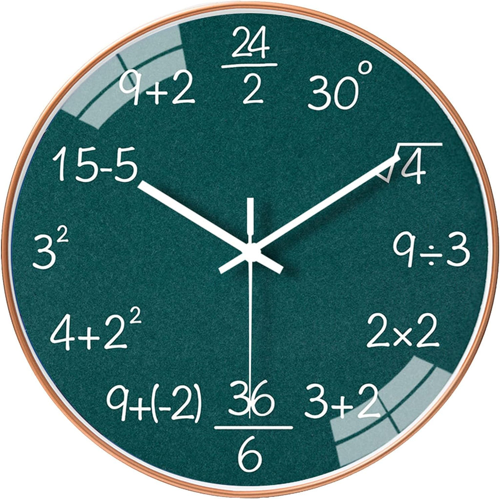 12 Inch Math Wall Clock Silent Non Ticking Movement Quality Quartz Gift Decor, Green