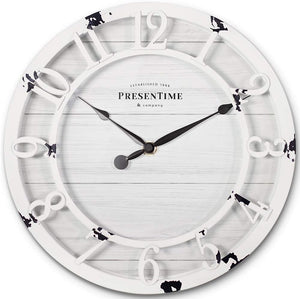 10" Farmhouse Series Wall Clock, Shiplap Style, Raised 3D Arabic Numeral, Antique Distressed White