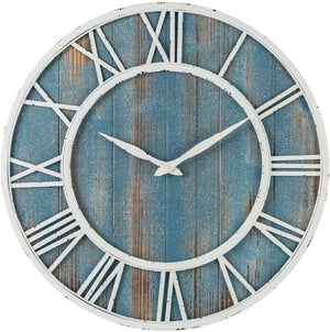 18" Coastal Wall Clock - Metal & Solid Wood Noiseless Weathered Beach Blue Wall Clock