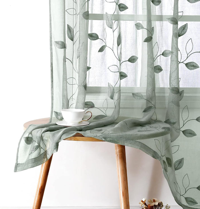 Sage Green Sheer Curtains 52 X 63 Inches Length 2 Panels Embroidered Leaf Pattern Pocket Faux Linen