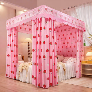 4 Four Corner Post Bed Curtain Canopy Cute Net Canopies for Girls Bedroom Decoration (Pink-Flower, Queen)