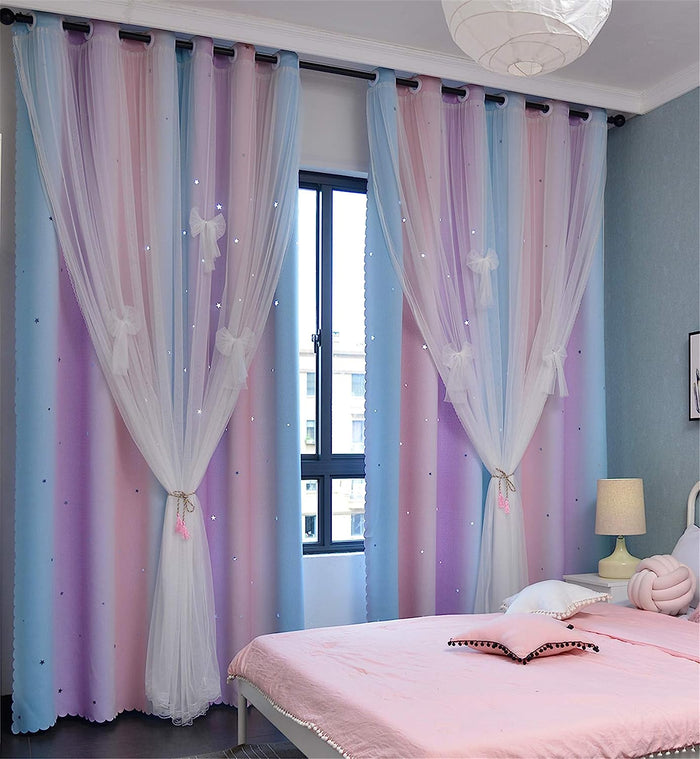 Hollow-Out Star Window Nursery Curtain 72 inches Length Room Darkening Grommet 2 Layers (Pink Purple, W52 X L72)