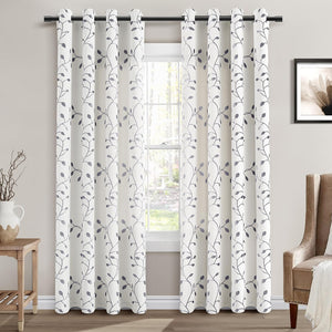 Grey Leaf Pattern Grommet Curtains 84 inch Length for Bedroom Grayish White Cotton Linen, 2 Panels