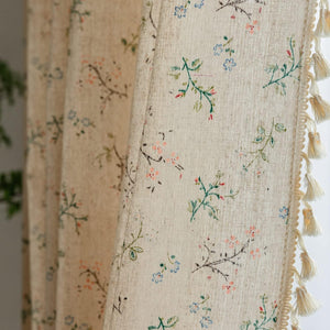 Floral Farmhouse Bohemian Window Curtain Panels with Tassel Beige Rod Pocket Bedroom Drapes, 2 Panel, 84 Inch Length