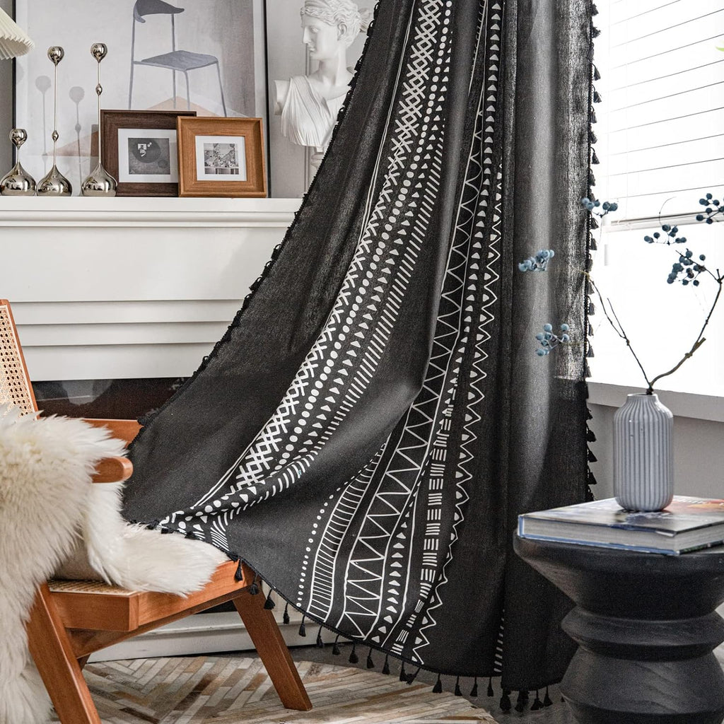 Geometric Semi-Blackout Window Curtains 2 Panels Bohemian Style Cotton Linen Darkening Curtains with Tassels, (52" W x 84" L, Black)