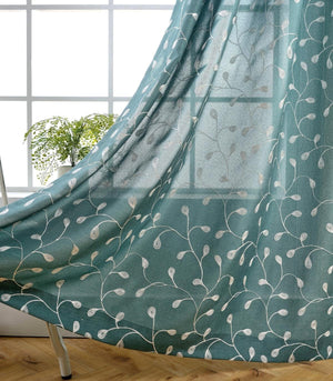 Floral Embroidered Semi-Sheer Curtains Faux Linen Grommet Curtains for Living Room 52 x 84 Inch 2 Panels Set, Teal