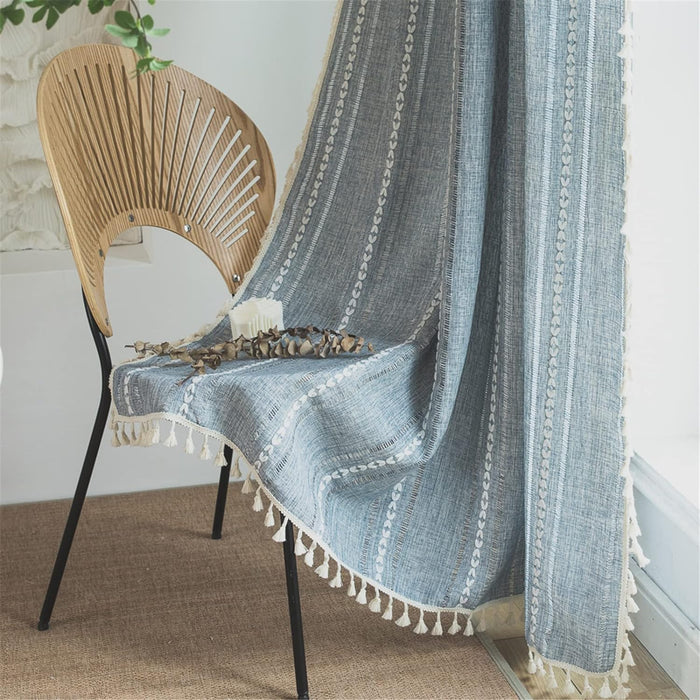 Semi-Blackout French Country Linen Embroidery Vintage Chic Tassels Hollow Window Treatment Bohemian Drape, 1 Panel 52" W x 84" L, Blue