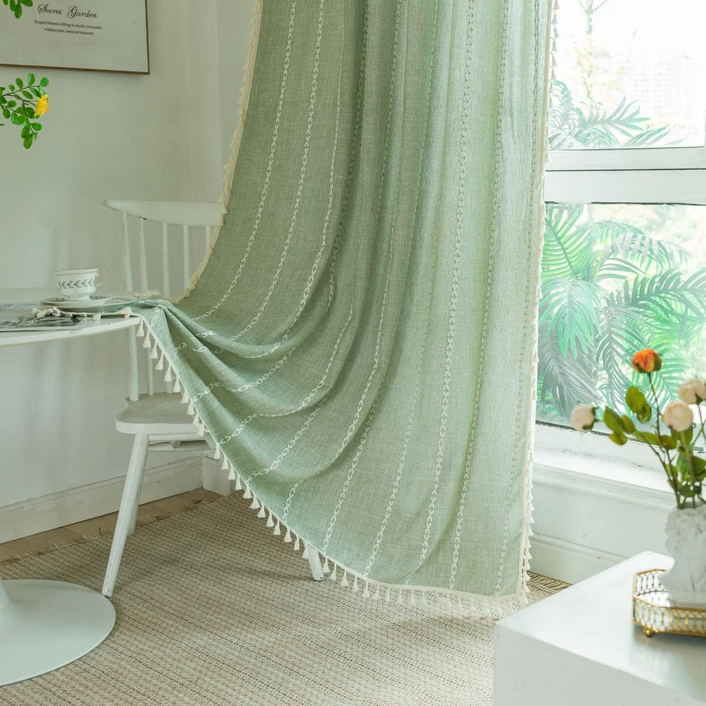 Cotton Linen Weighted Stripes Embroidery, Semi Blackout Bohemian Curtain Drape Tassels 1 Panel W52 x L84 Sage Green