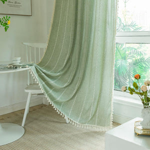 Cotton Linen Weighted Stripes Embroidery, Semi Blackout Bohemian Curtain Drape Tassels 1 Panel W52 x L84 Sage Green