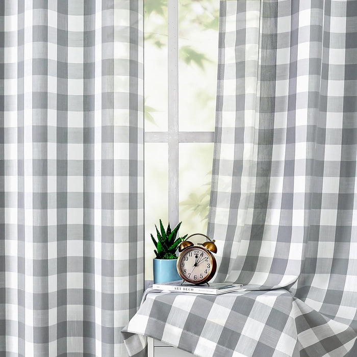 Buffalo Plaid Grommet Curtains Semi-Sheer Check Textured Curtains (40" x 84", Gray & White）