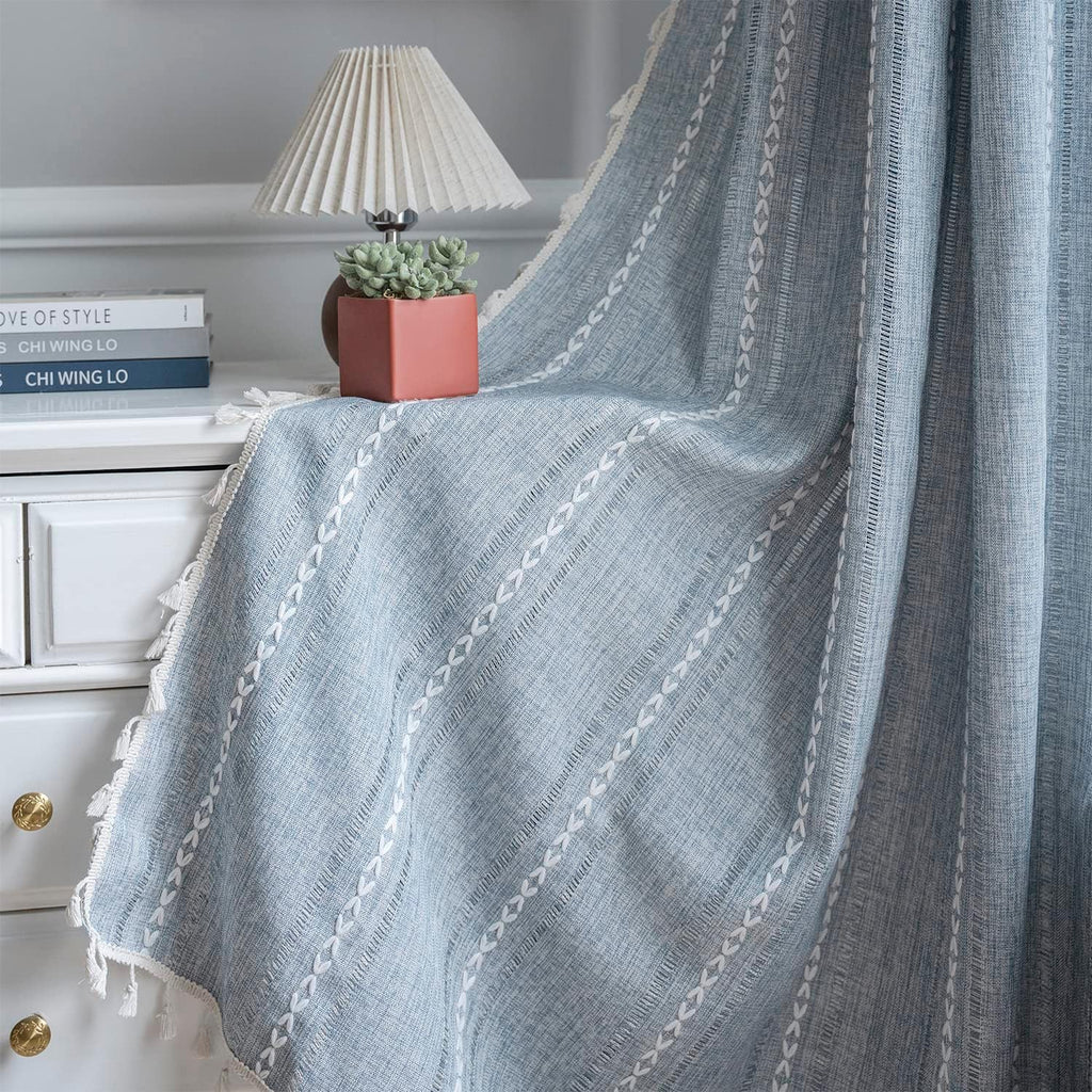 Blue Curtain Darkening Drapes for Bedroom, 2 Panels Embroidered Farmhouse Drape, Blue, 52" x 63"