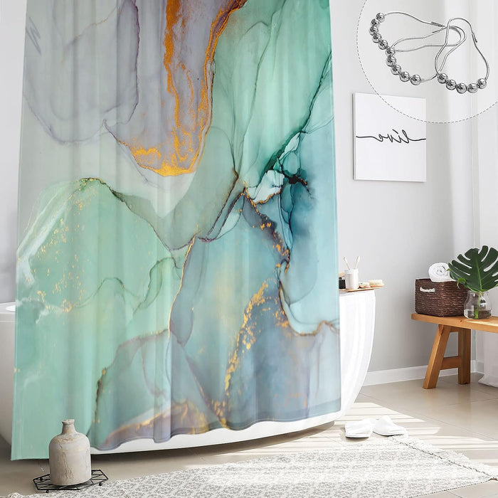 Abstract Marble Shower Curtain, Blue Green Purple Jade Texture Gold Stripes Ombre Bathroom Set with Hooks, 71 x 71