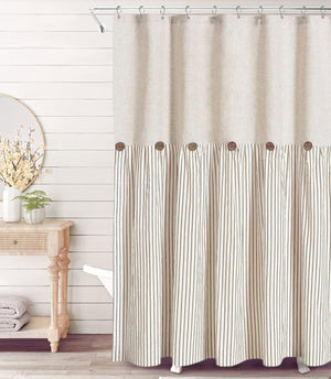 Linen Button Farmhouse Beige Shower Curtain Country Style Pleated Brown Stripe, 72x72 Inch