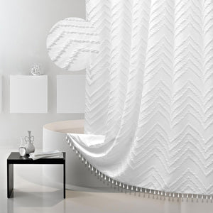 Boho Shower Curtain White Tassel Woven Farmhouse Textured Tufted Chevron Striped, 72 x 72 White