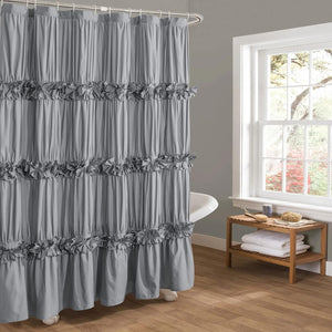 Ruffle Shower Curtain, Vintage Handcrafted Bow Tie Bath Curtain with 12 Buttonholes, 72" W x 72" H, Gray