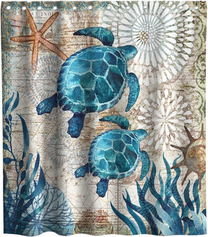 Nautical Green Sea Turtles Beach Theme Fabric Shower Curtain Sets, 72 x 72 Inch Teal