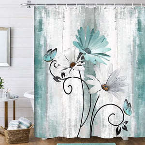 Farm Teal Daisy Floral Flowers and Butterfly on Country Wooden Shower Curtain, Turquoise Blue with 12PCS Hooks, 70X70IN