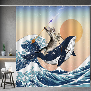 Funny Shower Curtain Brave Cat Holding Trident Arrow Riding Shark in Ocean Wave Bathroom Decor, 72"x72"