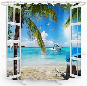 Beach Sunshine Shower Curtain Decorated with Fabric on Ocean Beach Coastal Seaside Seascape 12 Hooks Waterproof, 72 x 72 inches