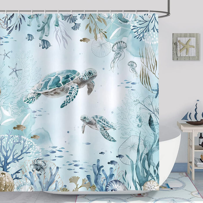 Sea Turtle Shower Curtain for Bathroom Teal Blue Ocean Beach Coastal Decorative Bath Curtain 72 x 72 Inch