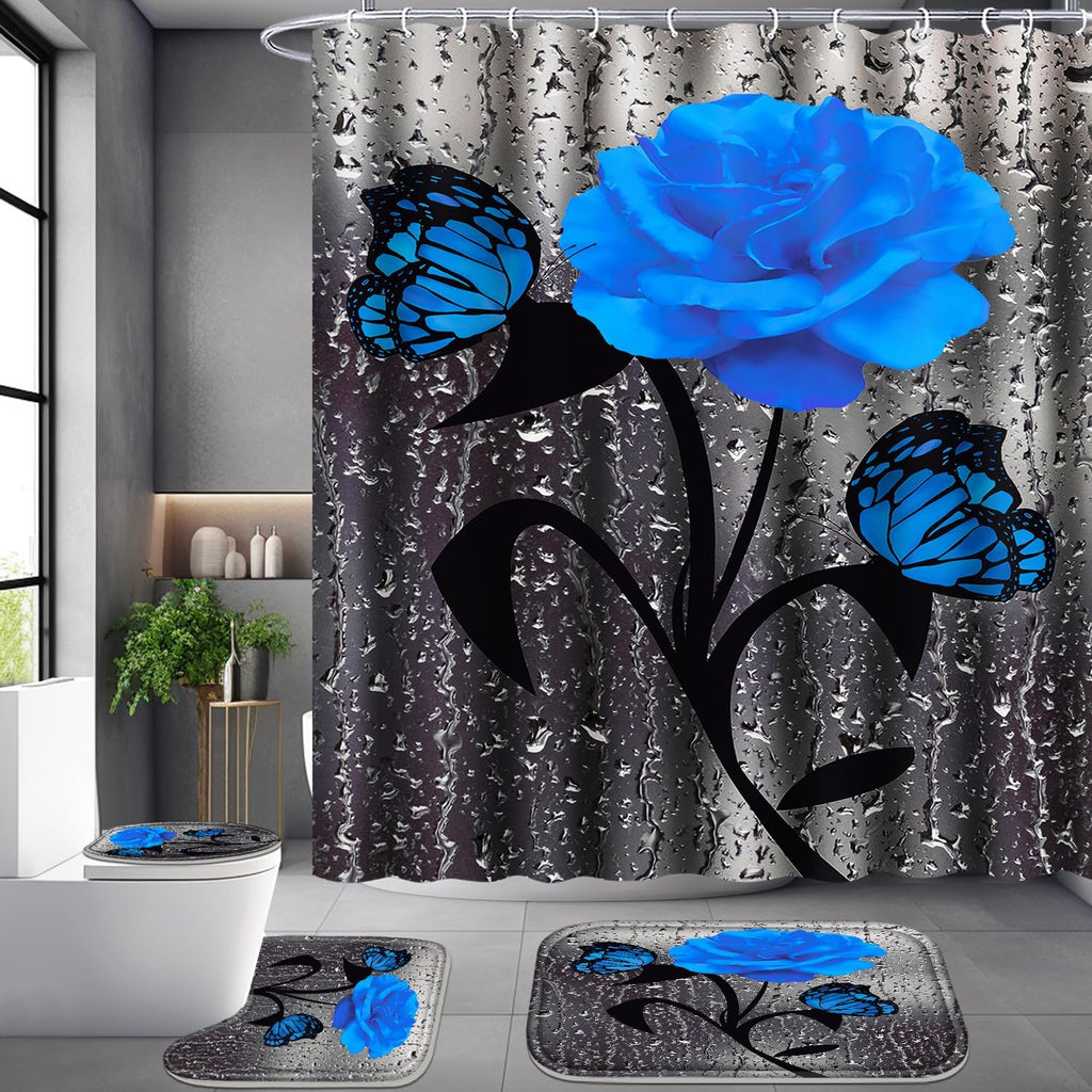 4 Pcs Bathroom Set, Blue Rose Shower Curtain Sets with Rugs