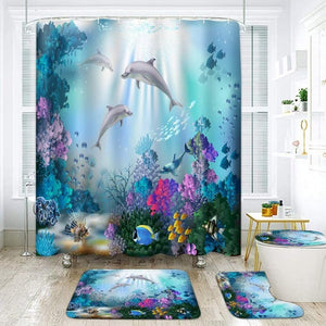 4Pcs Sea Dolphin Shower Curtain Sets with Non-Slip Rugs,Toilet Lid Cover and Bath Mat