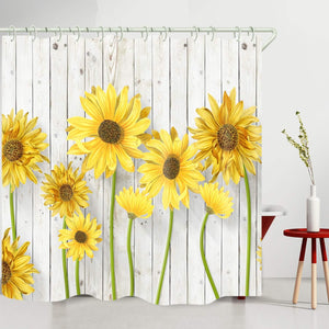 Waterproof Shower Curtains Sets for Bathroom Accessories with Oil Painting Sunflower White Wooden Decor, 71 x 72 inches